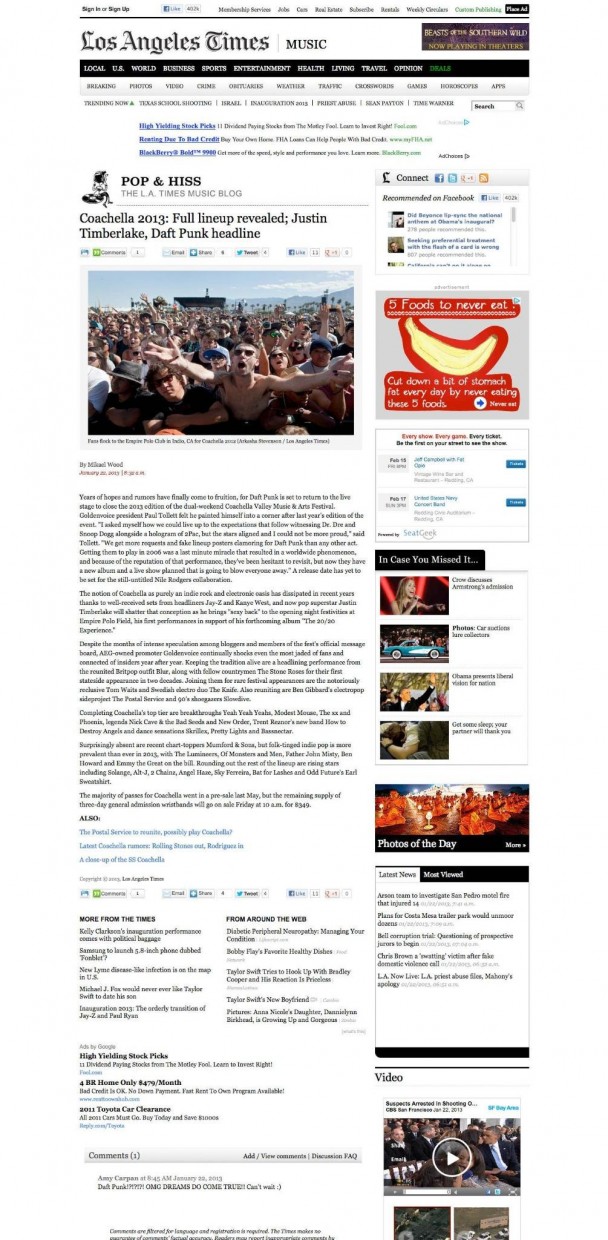 Supuesto artículo del L.A. Times que devela el cartel de Coachella 2013
