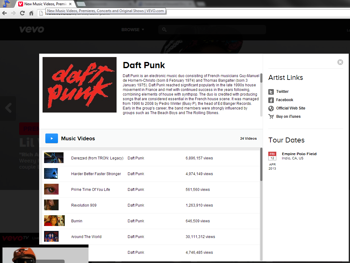 La página donde podemos leer que Daft Punk estará en el Empire Polo Field de Indio, CA.