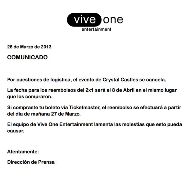 Comunicado oficial emitido por Vive One Entertainment