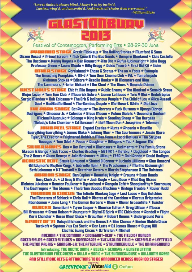 El line-up del festival Glastonbury 2013