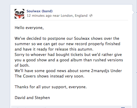 Screenshot del Facebook oficial de Soulwax.