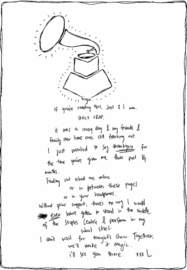 Carta de Lorde dirigida a sus fans de Nueva Zelandia.