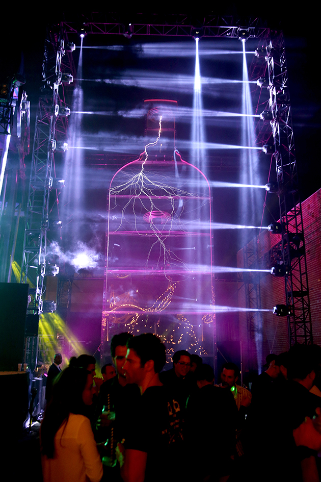 LOS ANGELES, CA - OCTOBER 23:  Electrified Absolut Electrik Bottle designed by Tesla Motors at Absolut Electrik House, an epic house party transformed by the energy of its guests in celebration of new limited edition Absolut Electrik bottle, on October 23, 2015 in Los Angeles, California.  (Photo by Todd Williamson/Getty Images for Absolut)