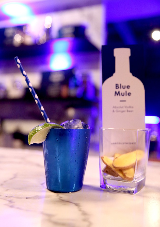 LOS ANGELES, CA - OCTOBER 23:  The Blue Mule on display at Absolut Electrik House, an epic house party transformed by the energy of its guests in celebration of new limited edition Absolut Electrik bottle, on October 23, 2015 in Los Angeles, California.  (Photo by Todd Williamson/Getty Images for Absolut)