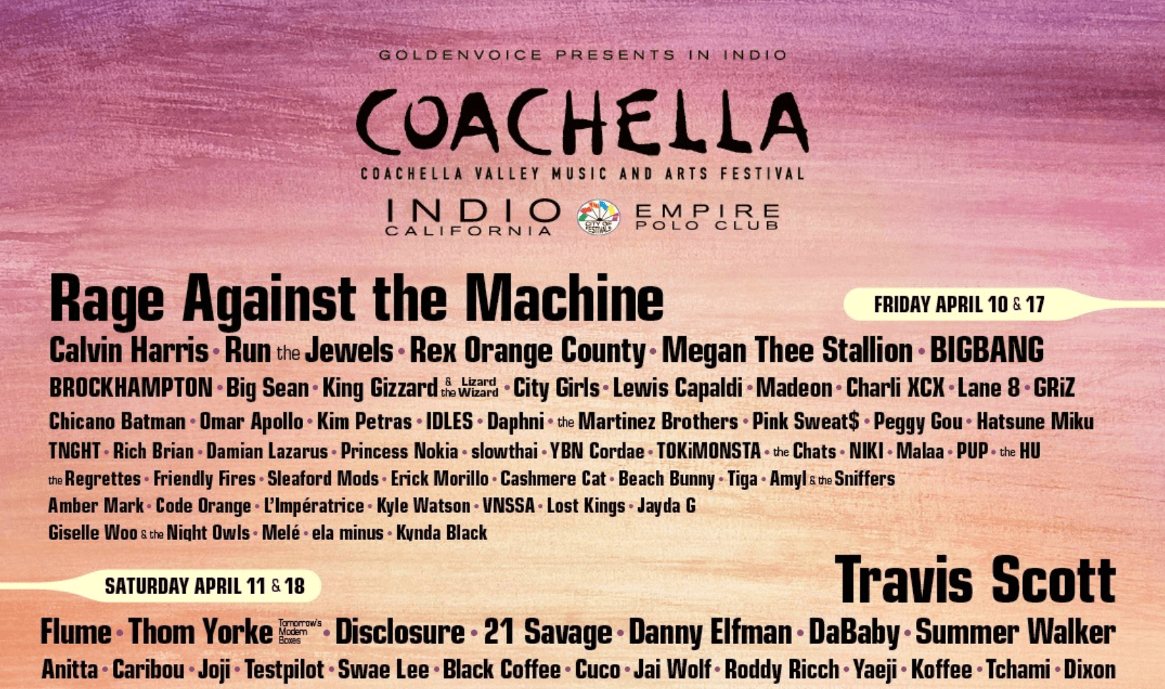 ¡Conoce el cartel oficial de Coachella 2020! Rage Against the Machine, Travis Scott, Frank Ocean y más…