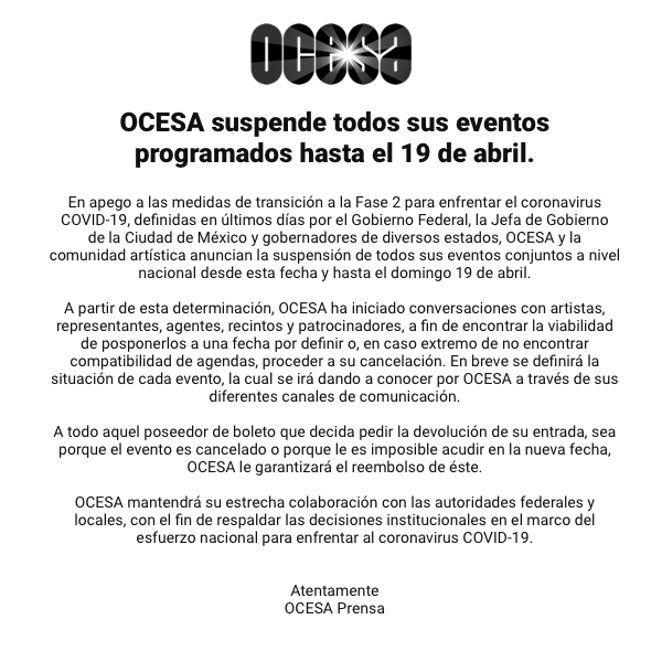 COVID-19: Lista Completa de todos los Conciertos de OCESA Suspendidos en México