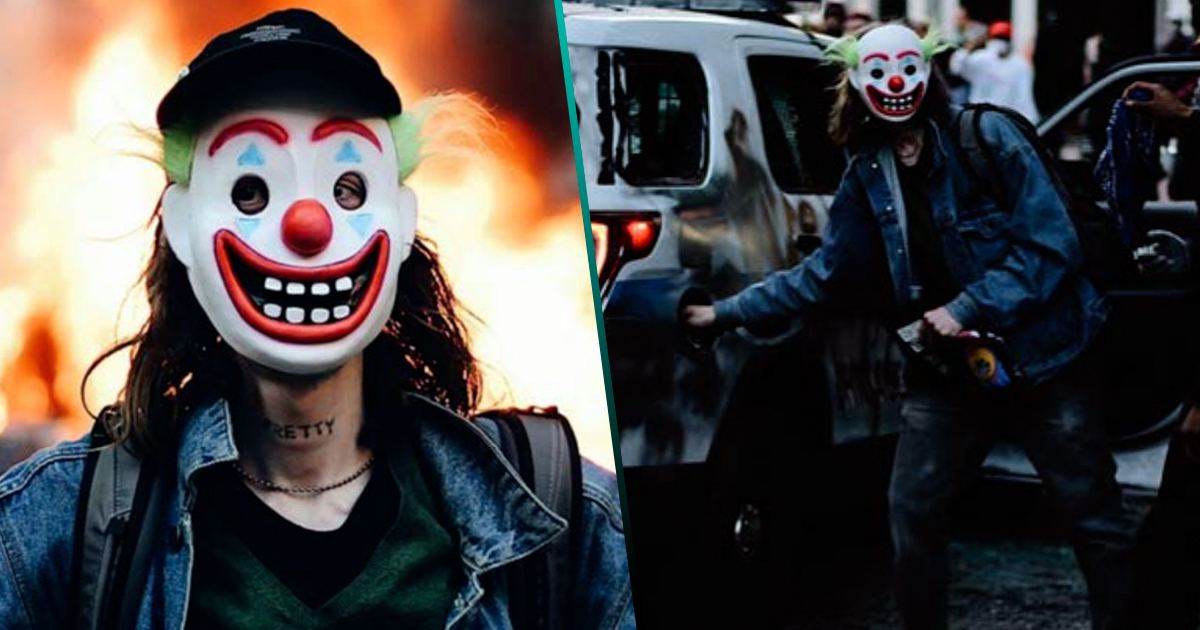 Un hombre con máscara del “Joker” prende fuego a patrulla y las fotos están de película