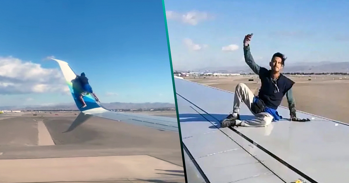 Selección natural nivel: Un hombre se toma una selfie en el ala de un avión en movimiento