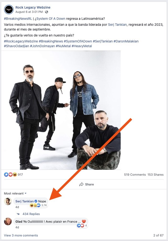 System of a Down no vendrá a Latinoamérica en 2023, Serj Tankian cofirma