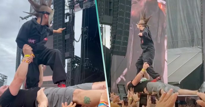 Este niño disfrazado de Slipknot hizo crowd surfing con su papá en un festival de metal