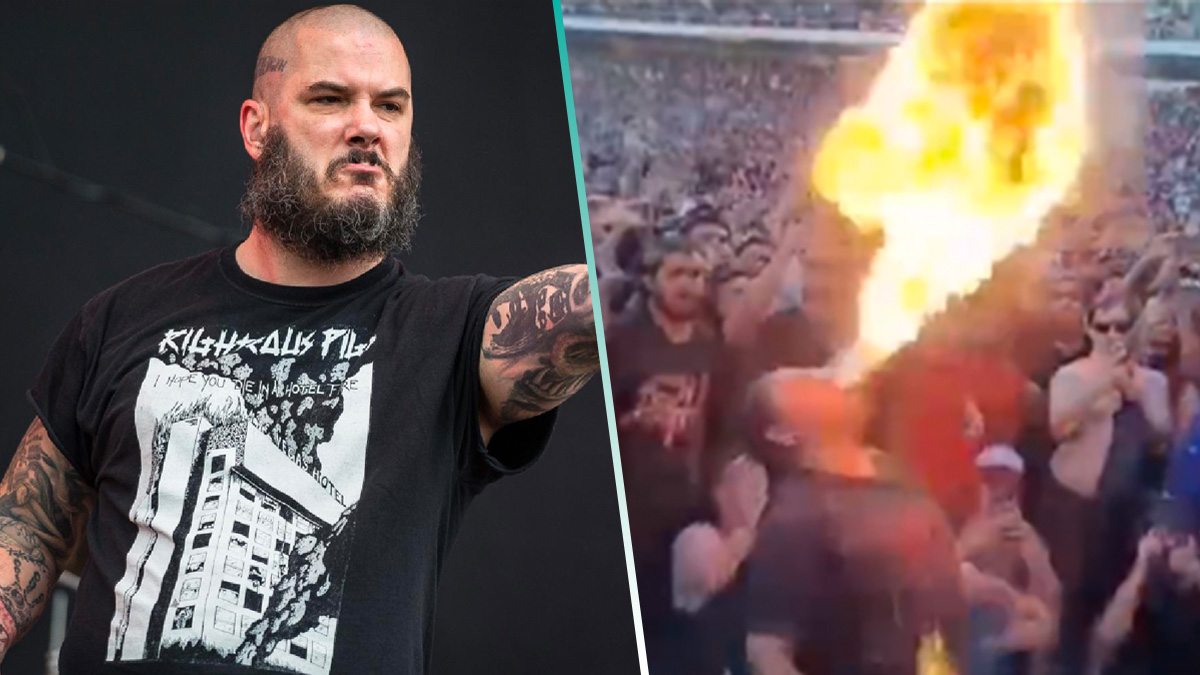 Mira a un fan escupir fuego en plano mosh pit en un concierto de Pantera
