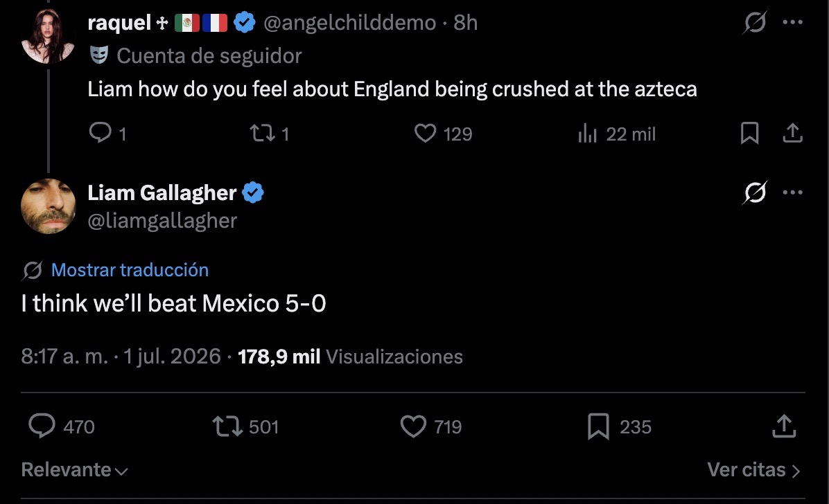 Liam Gallagher Pronostica 5-0 en el M&eacute;xico vs Inglaterra